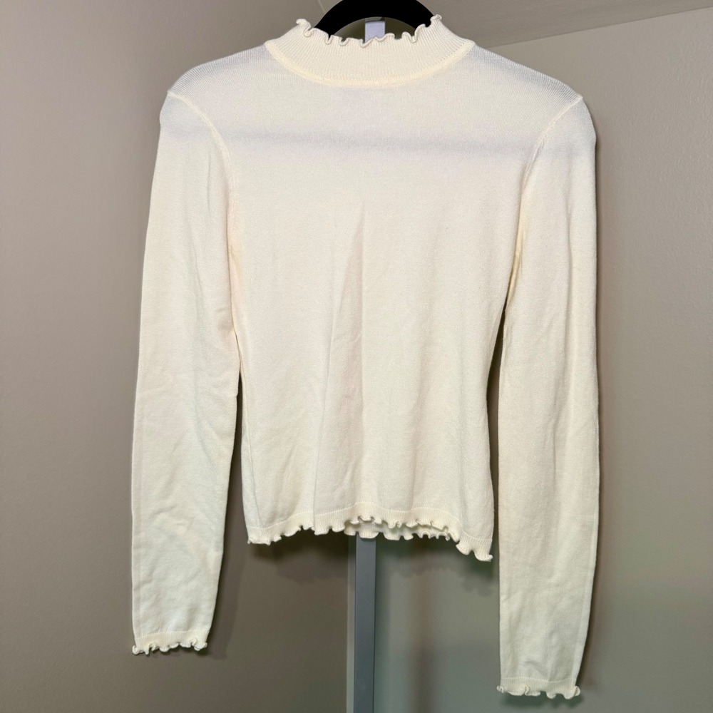 The Workshop Cream Lettuce Edge Mock Neck Ribbed Knit Sweater Womens L